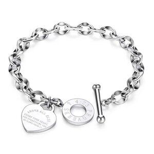 Silver Women's Stainless Steel Classic Heart Engraved Toggle Clasp Bracelet